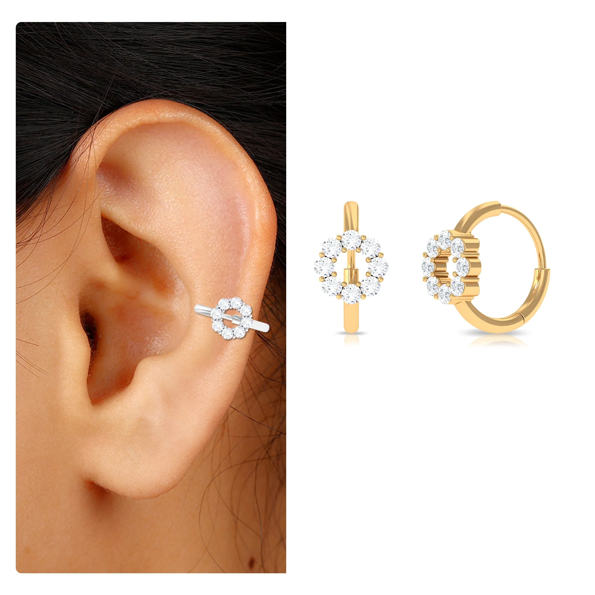 Round Moissanite Gold Huggie Hoop for Conch Piercing