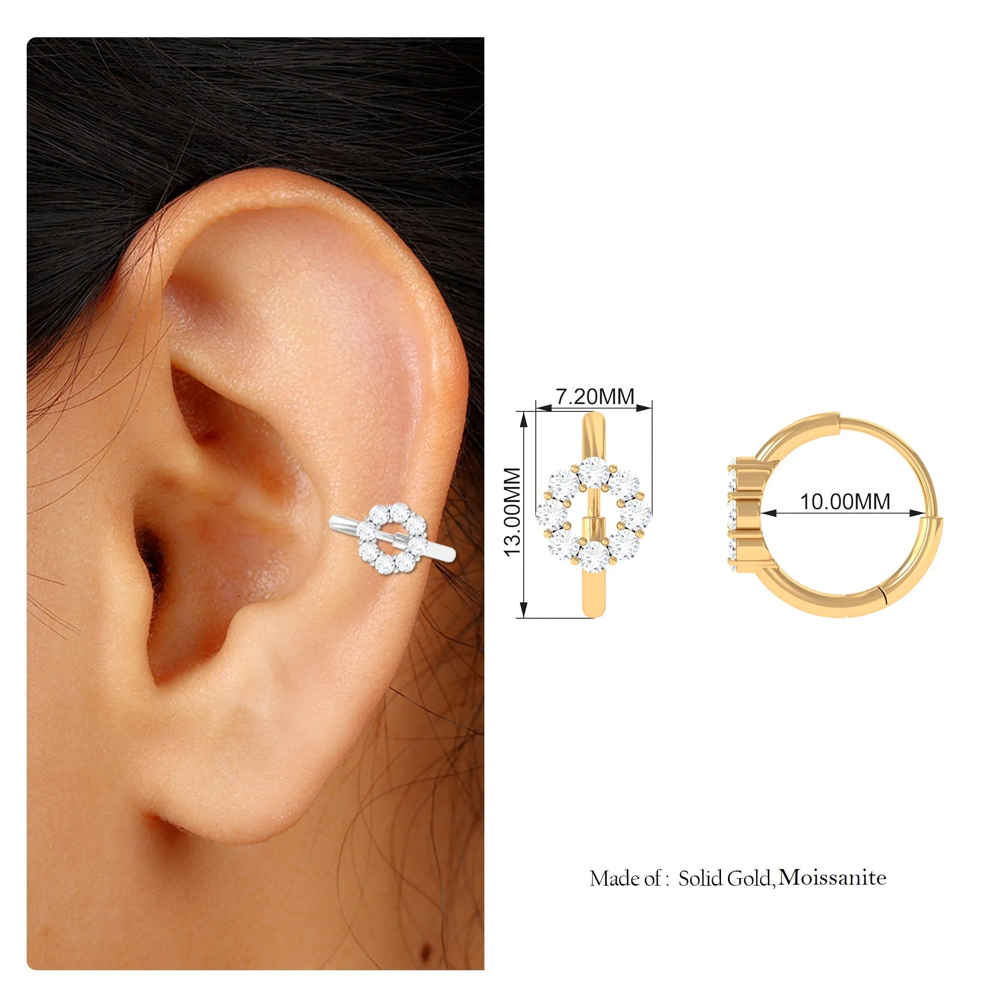 Round Moissanite Gold Huggie Hoop for Conch Piercing