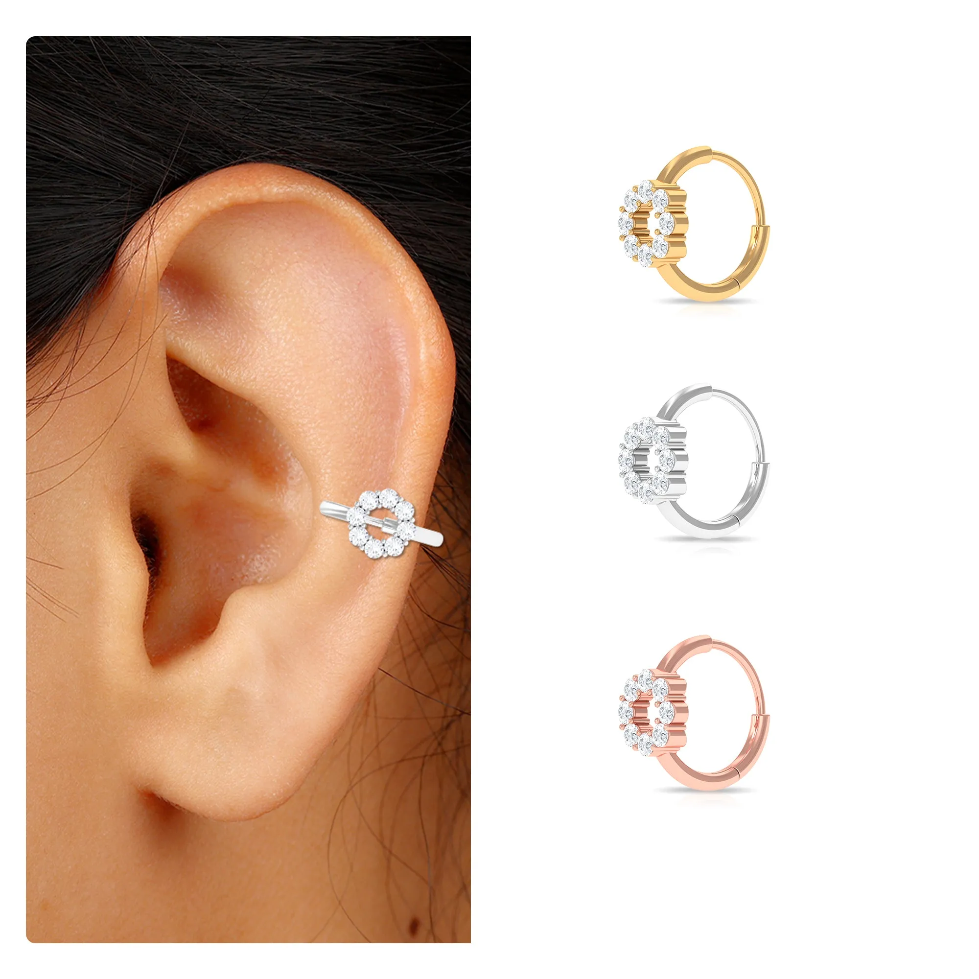 Round Moissanite Gold Huggie Hoop for Conch Piercing