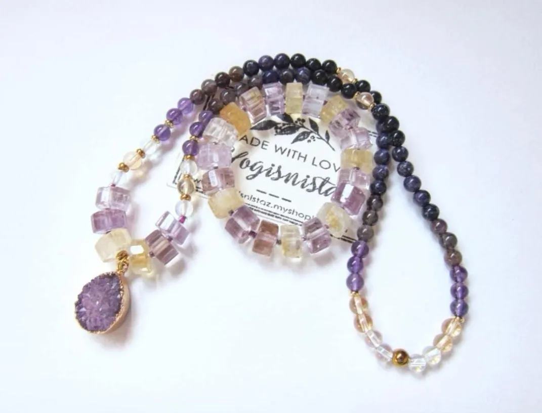 SALE - 2 pc set, Bohemian Charoite, Ametrine, Citrine Quartz, Druzy Pendant Beaded Necklace