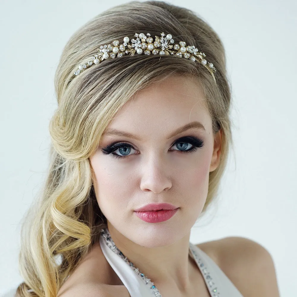 SassB Ellen Crystal and Pearl Tiara - Gold