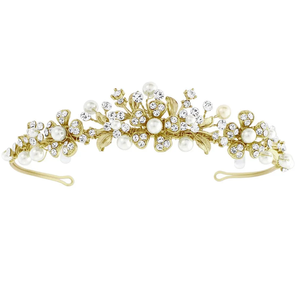 SassB Ellen Crystal and Pearl Tiara - Gold