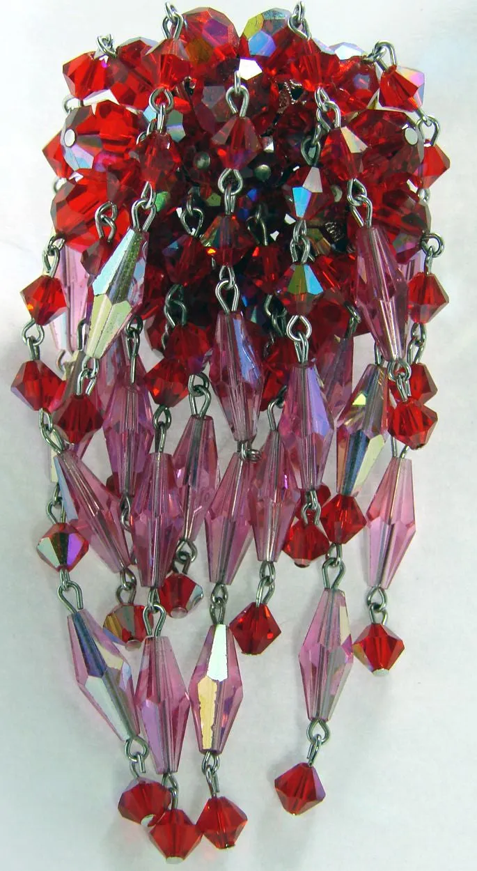 Sherman Red & Pink Crystal Brooch Dangling Waterfall