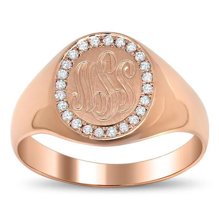 Signet Ring with Pave Set Diamond Rim