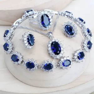 Silver 925 Women Bridal Jewelry Sets Blue Zirconia Costume