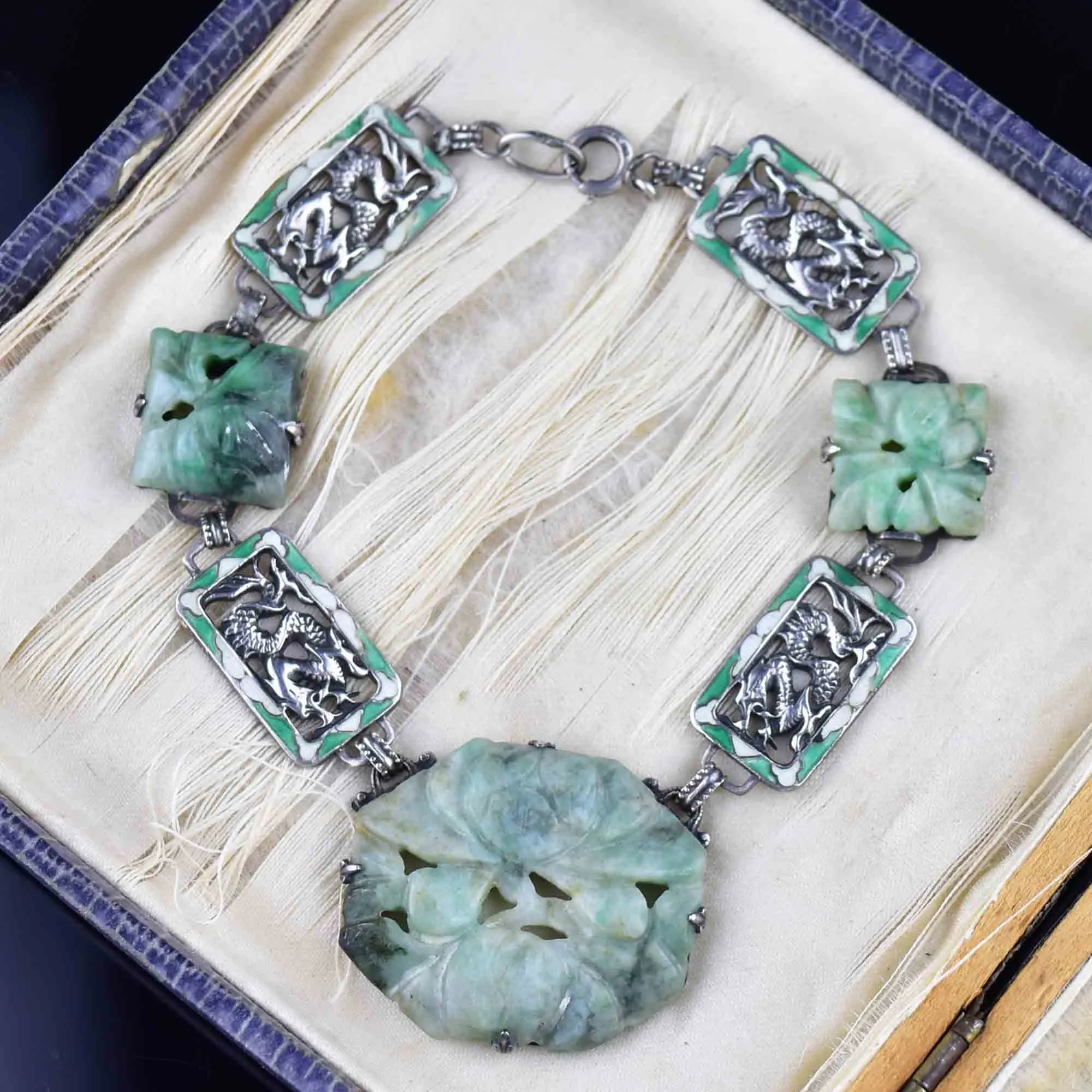 Silver Art Deco Enamel Dragon Jade Bracelet