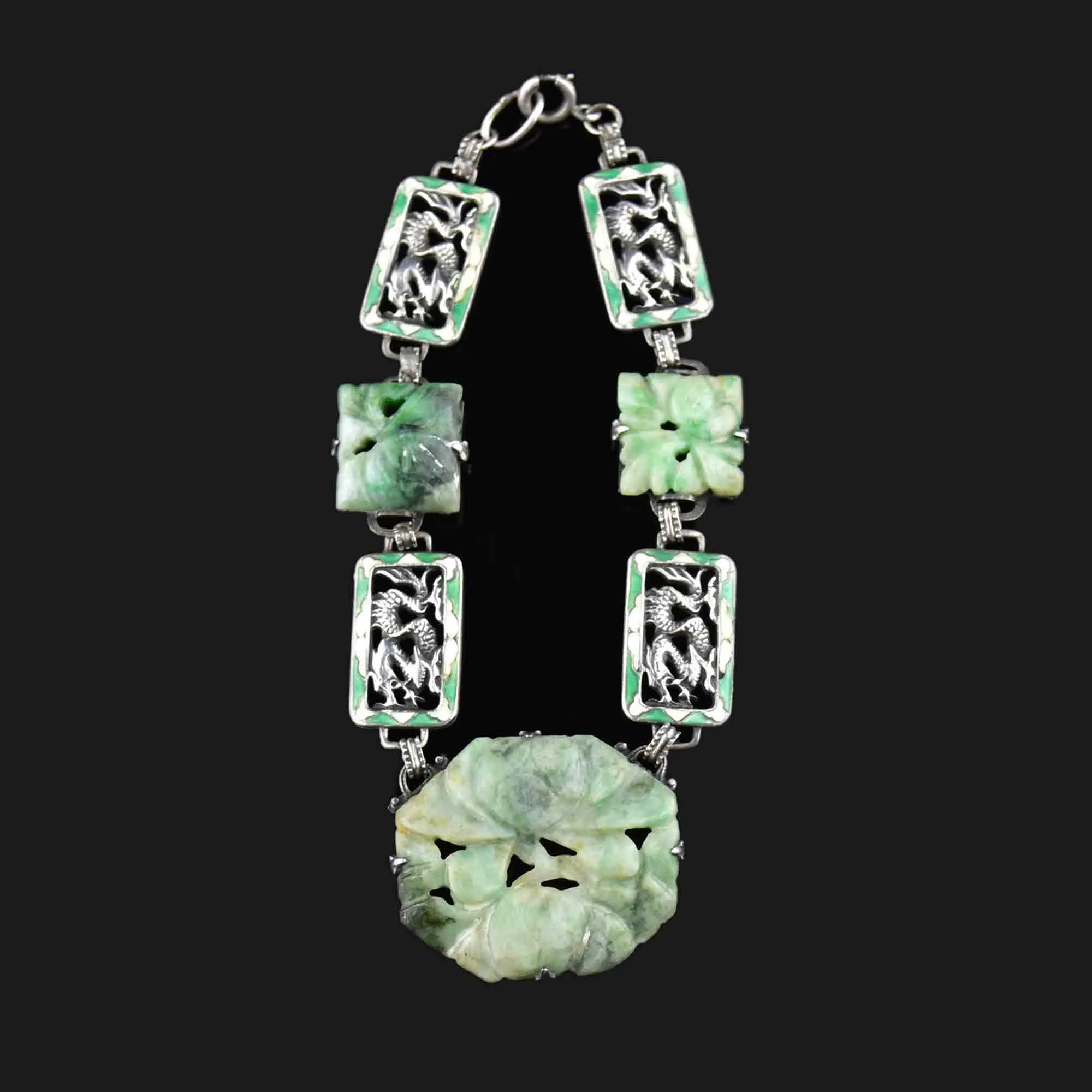 Silver Art Deco Enamel Dragon Jade Bracelet