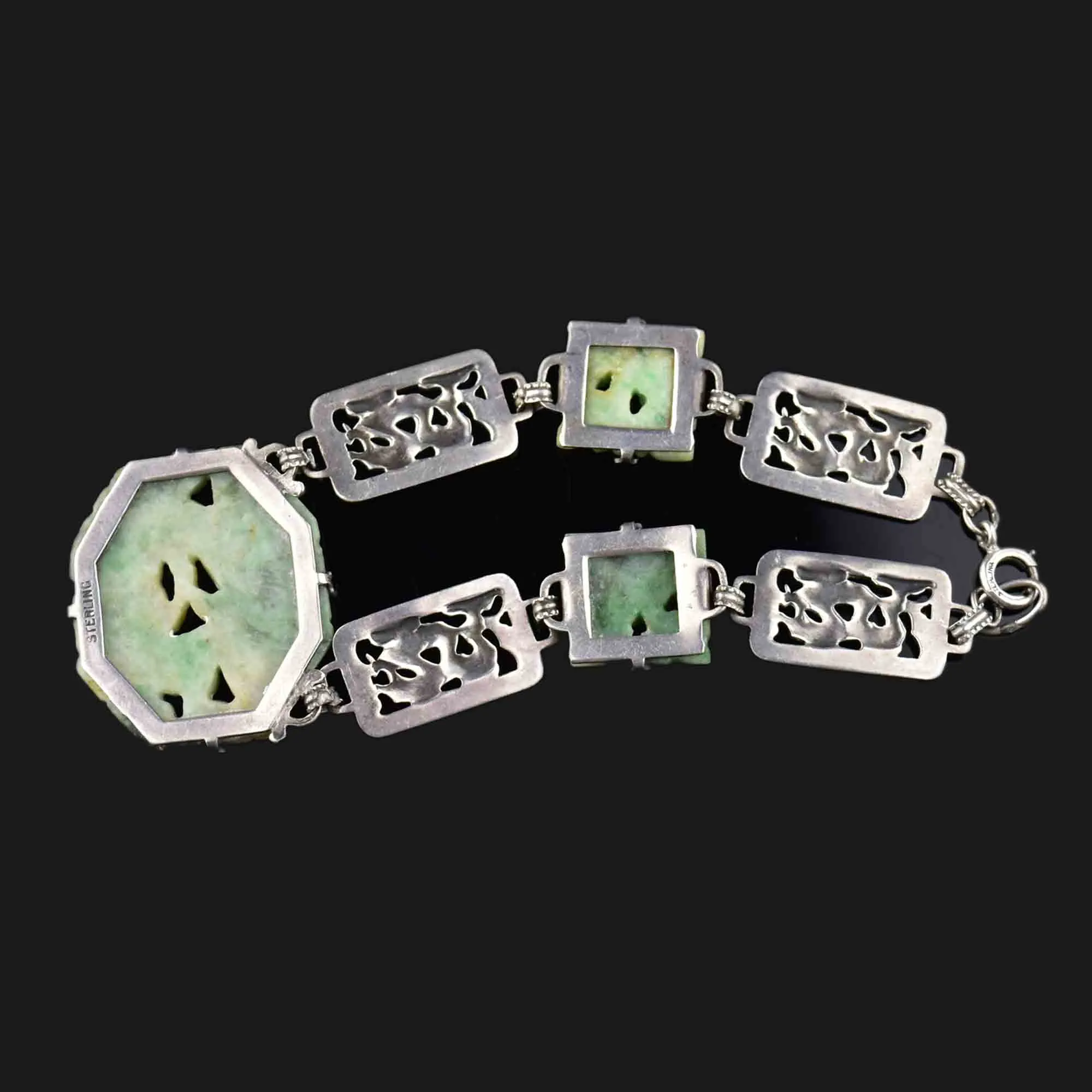 Silver Art Deco Enamel Dragon Jade Bracelet