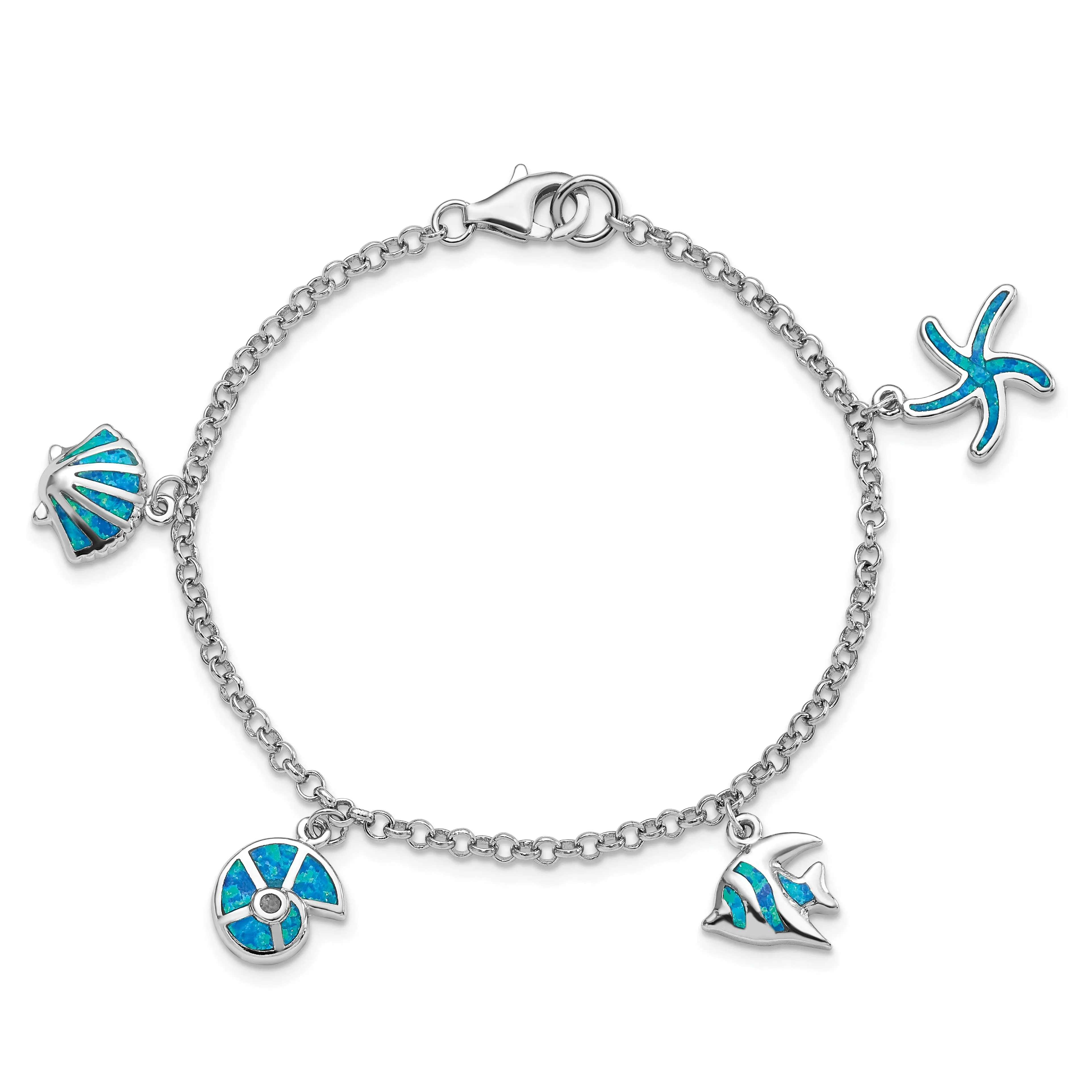 Silver Blue Opal Fish And Shells Charm Bracelet