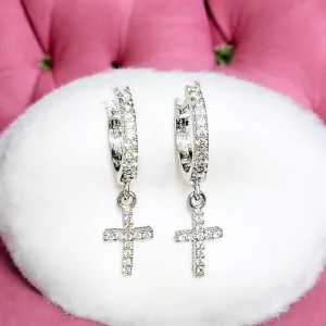 Silver Cross CZ Huggie Hoop earrings, 15mm Hoop Drop