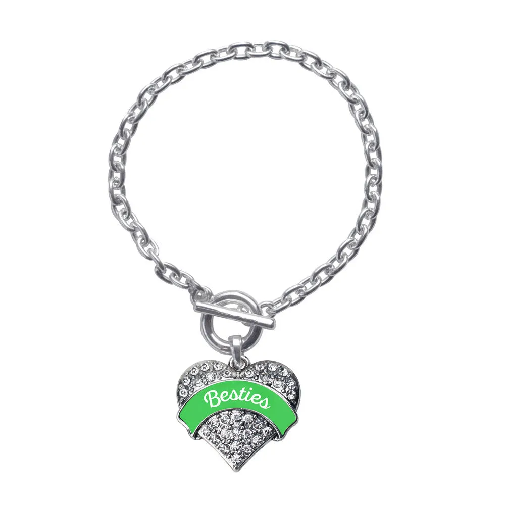 Silver Emerald Green Besties Pave Heart Charm Toggle Bracelet