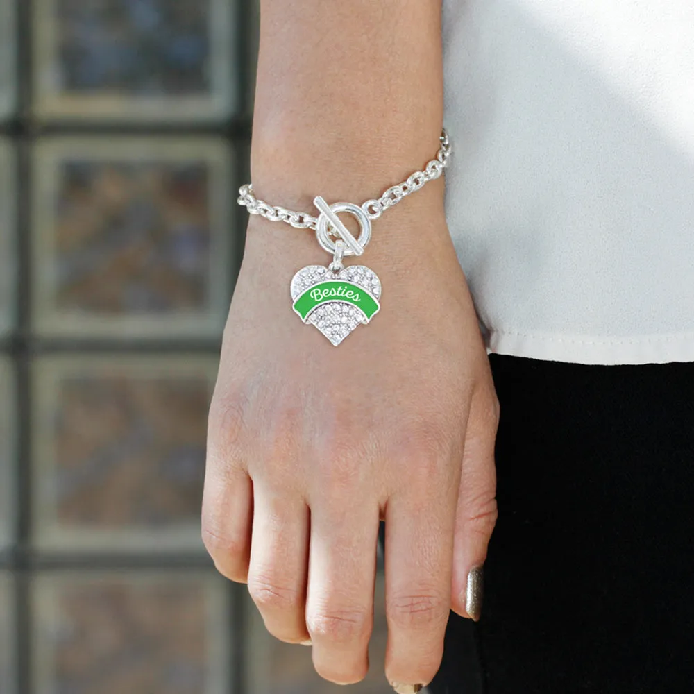 Silver Emerald Green Besties Pave Heart Charm Toggle Bracelet