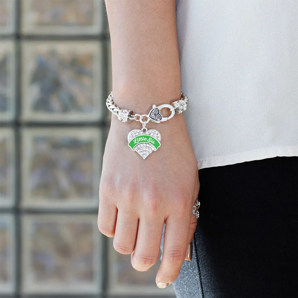 Silver Emerald Green Little Sister Pave Heart Charm Braided Bracelet