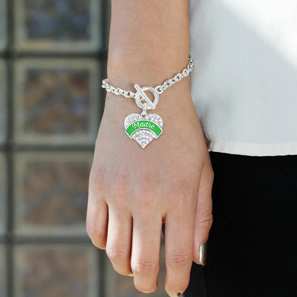 Silver Emerald Green Madre Pave Heart Charm Toggle Bracelet