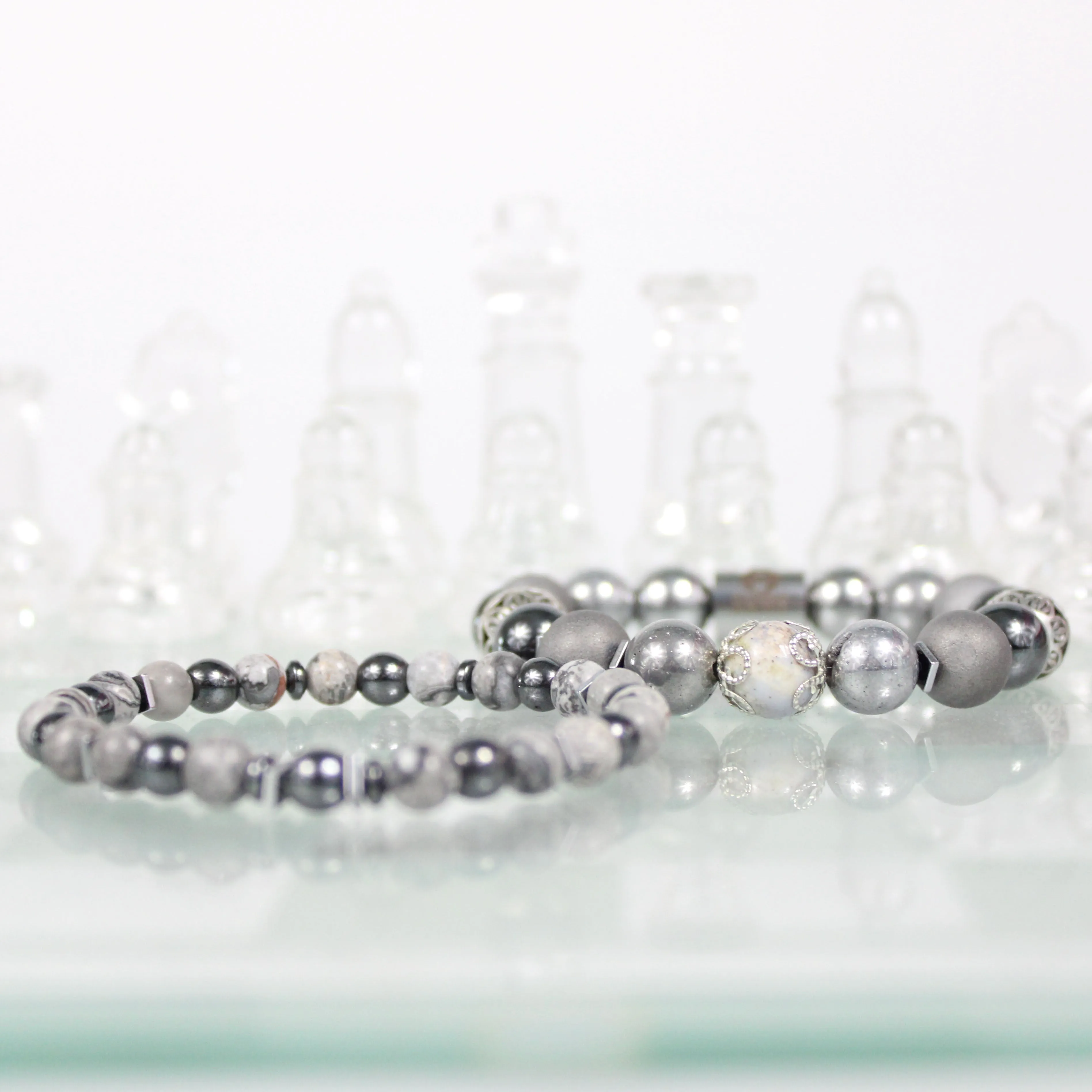 Silver Hematite Bead Bracelet Set