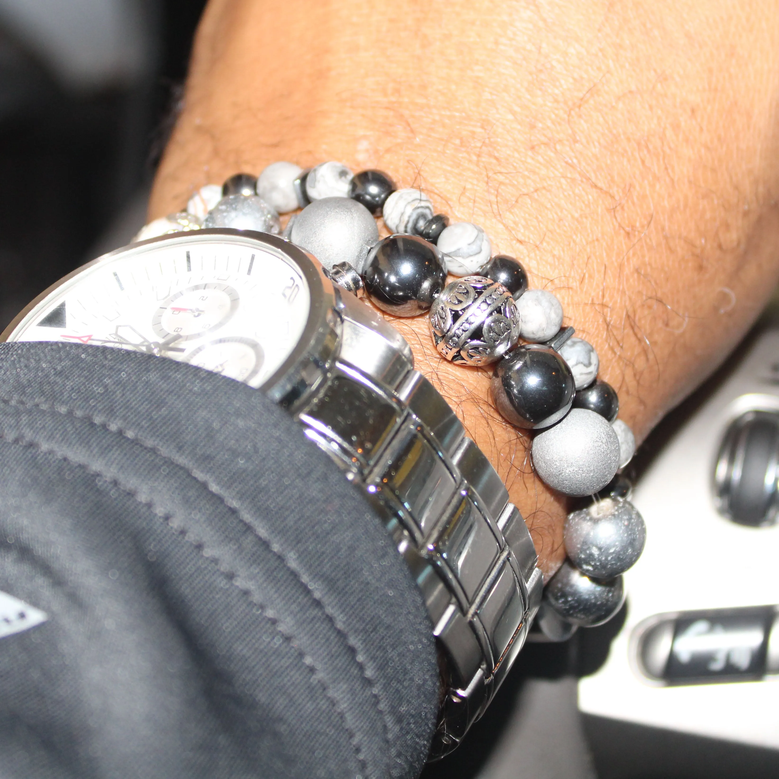 Silver Hematite Bead Bracelet Set