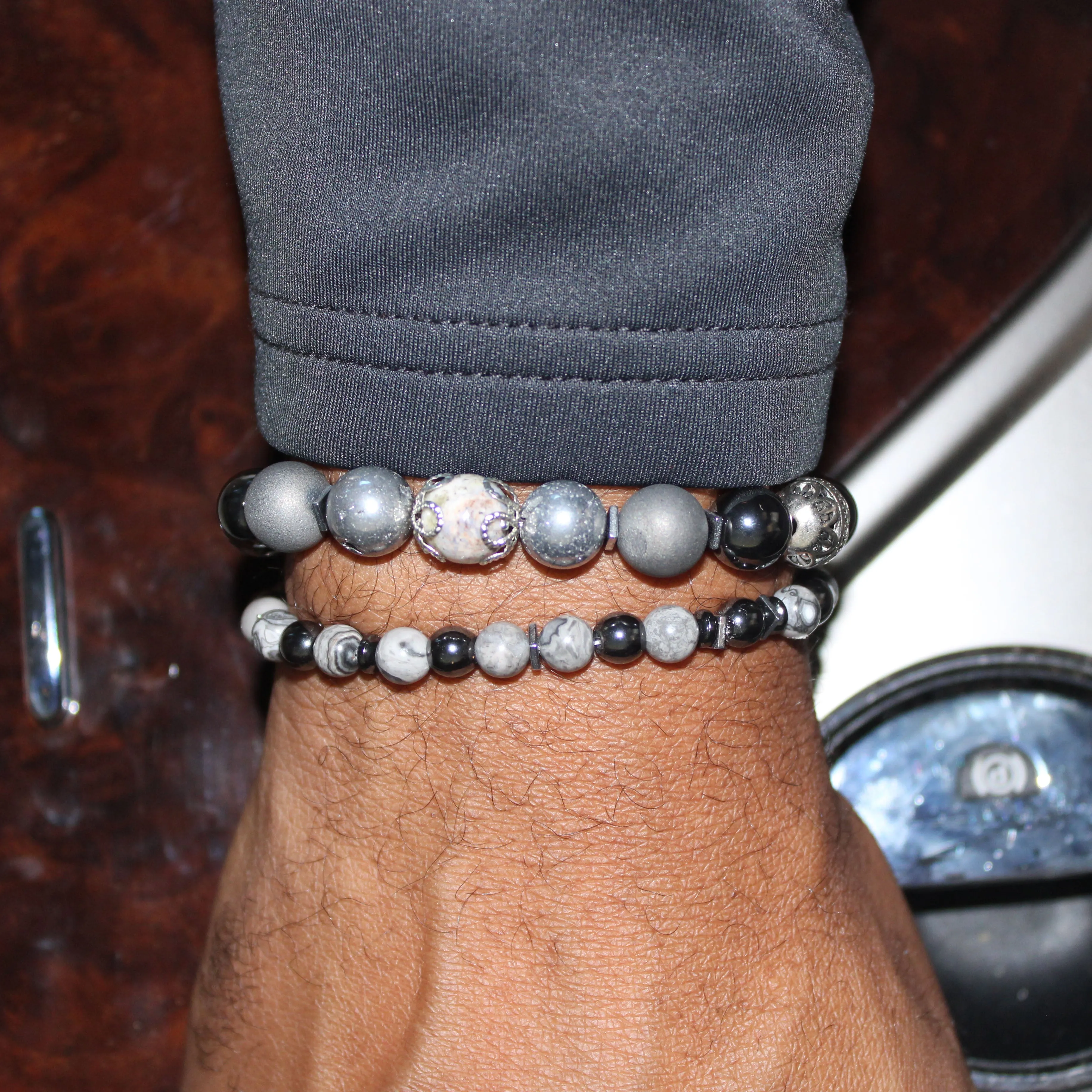 Silver Hematite Bead Bracelet Set