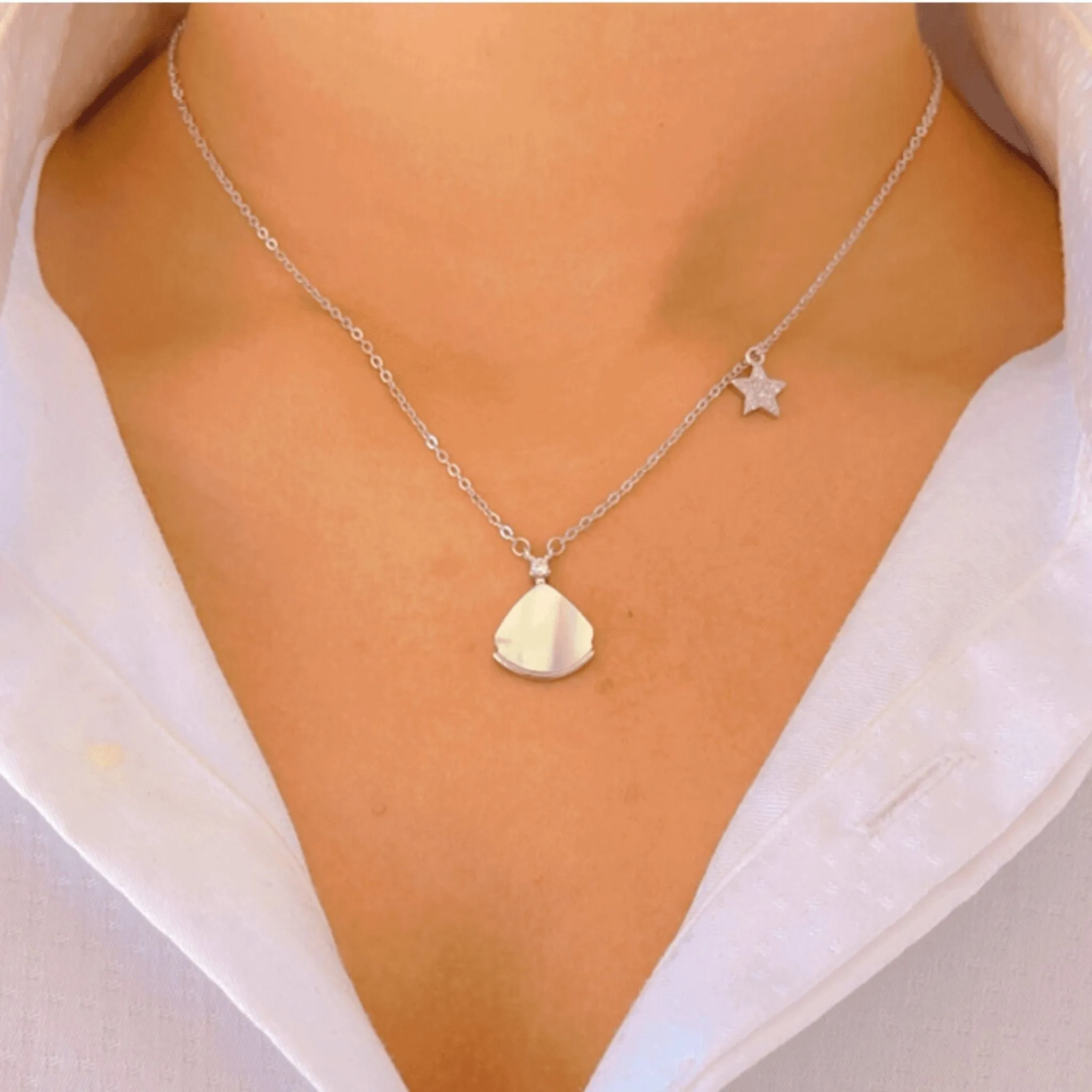 Silver MOP With Zircon & Star Charm Necklace