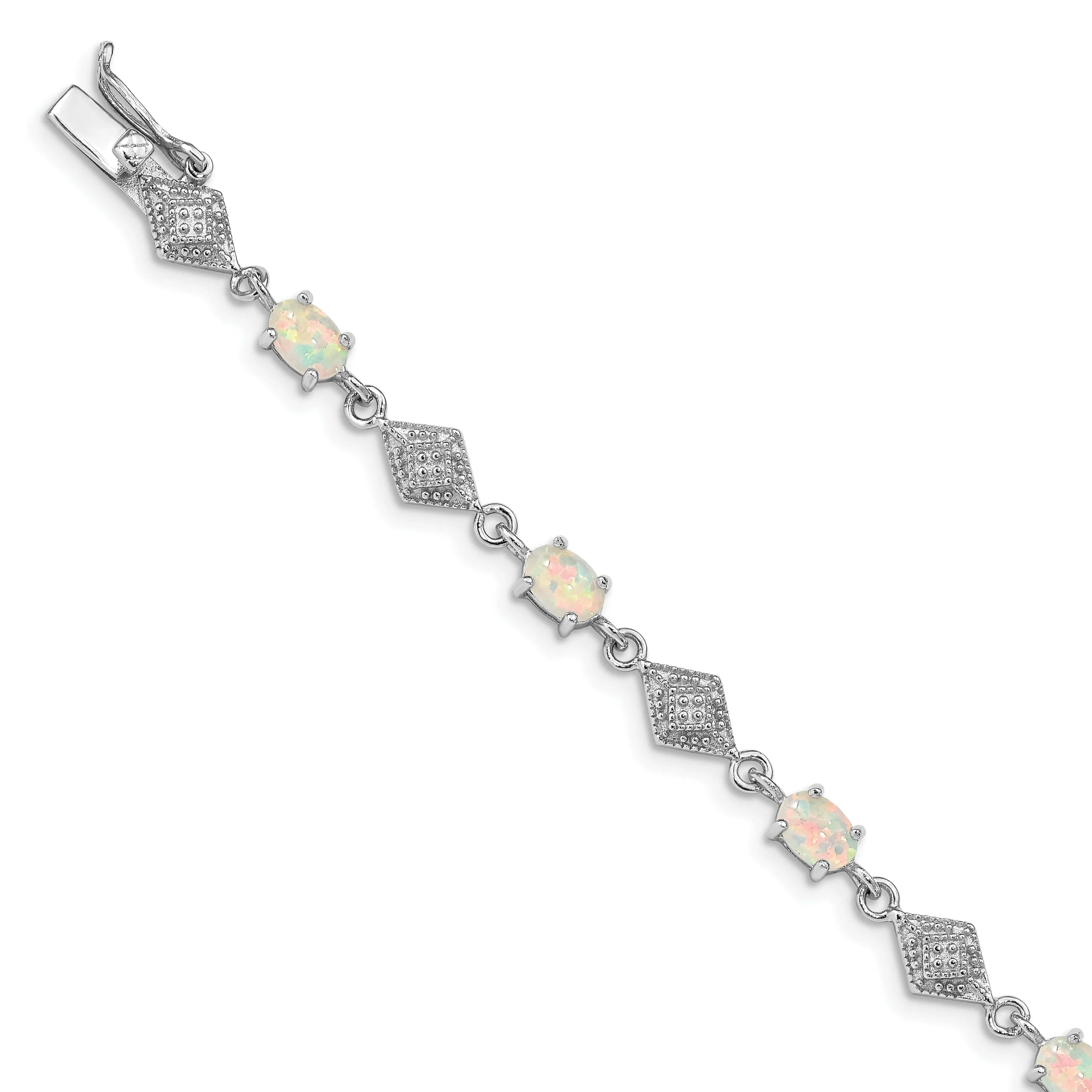 Silver Polished White Created Opal C.Z Bracelet