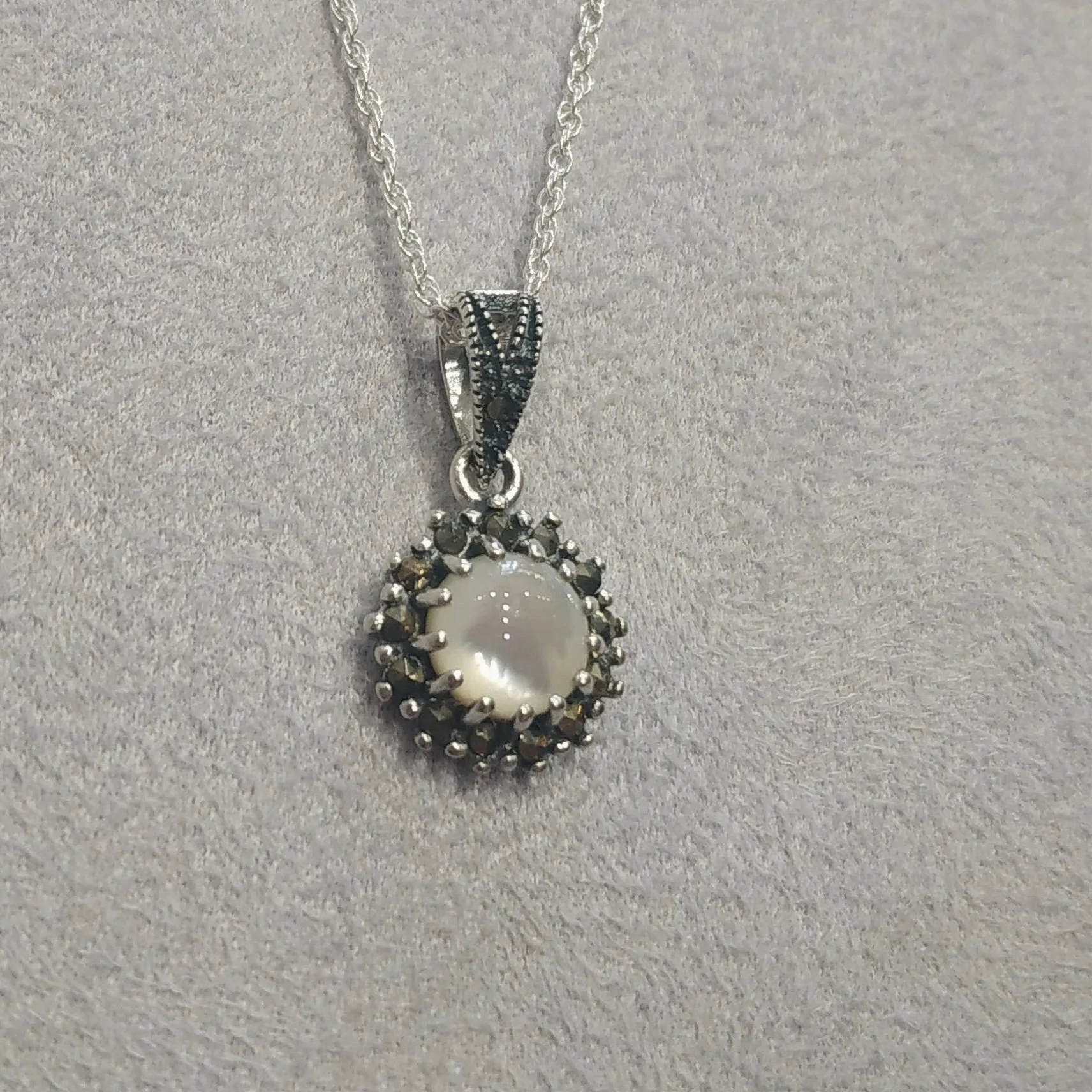 Sparkly Mother of Pearl Marcasite Silver Pendant