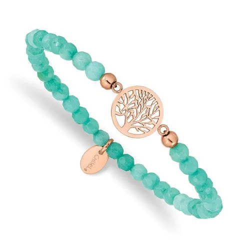 Stainless Steel Rose Gold Tree of Life 4.2mm Mint Green Jade Stretch Bracelet