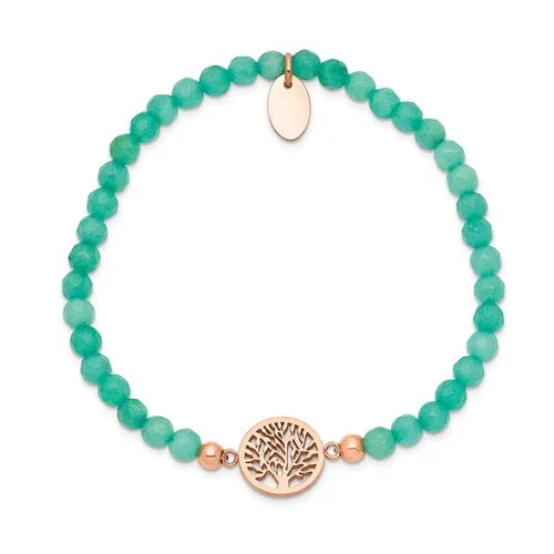 Stainless Steel Rose Gold Tree of Life 4.2mm Mint Green Jade Stretch Bracelet