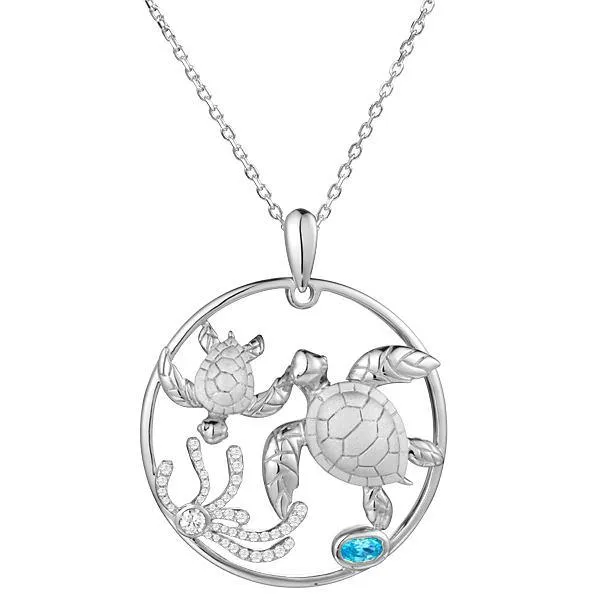 Sterling Silver Alamea Hawaii Mom & Baby Turtle Blue Topaz Pendant