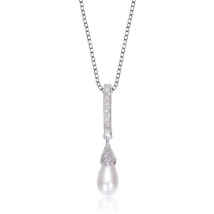 Sterling Silver Cubic Zirconia Gold Plating Clear and Cultured Pearl Dangling Pendant Necklace