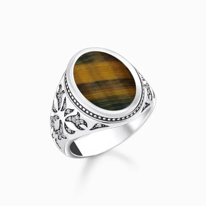 Sterling Silver Gold Blue Tiger's Eye Zirconia Blackened Signet Ring TR2454-950-1