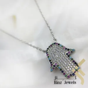 Sterling Silver Hamsa Multi Gemstones And Cubic Zircon Necklace