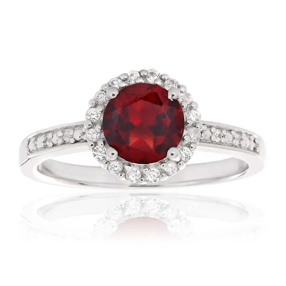 Sterling Silver Rhodium Plated Garnet   White Zircon Ring