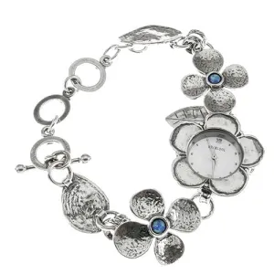 Sterling Silver Watch Bracelet for woman with flowers motives. Set with Pearl  or Blue Opal. Japanese Myota