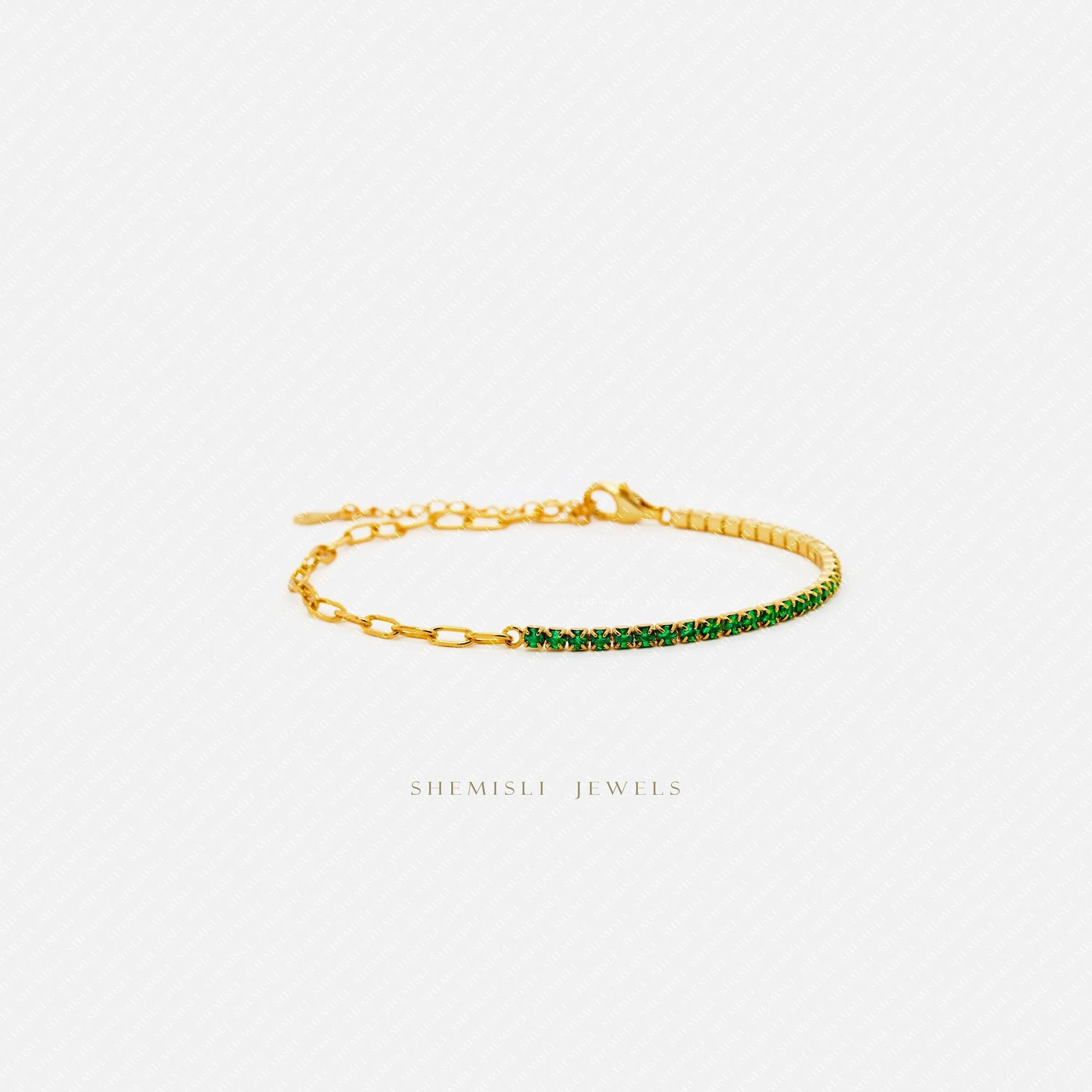 Tiny Paper Clip Chain and Emerald Gem Links Bracelet, Silver or Gold Plated (6.25"   1.25") SHEMISLI - SB006