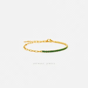 Tiny Paper Clip Chain and Emerald Gem Links Bracelet, Silver or Gold Plated (6.25"   1.25") SHEMISLI - SB006