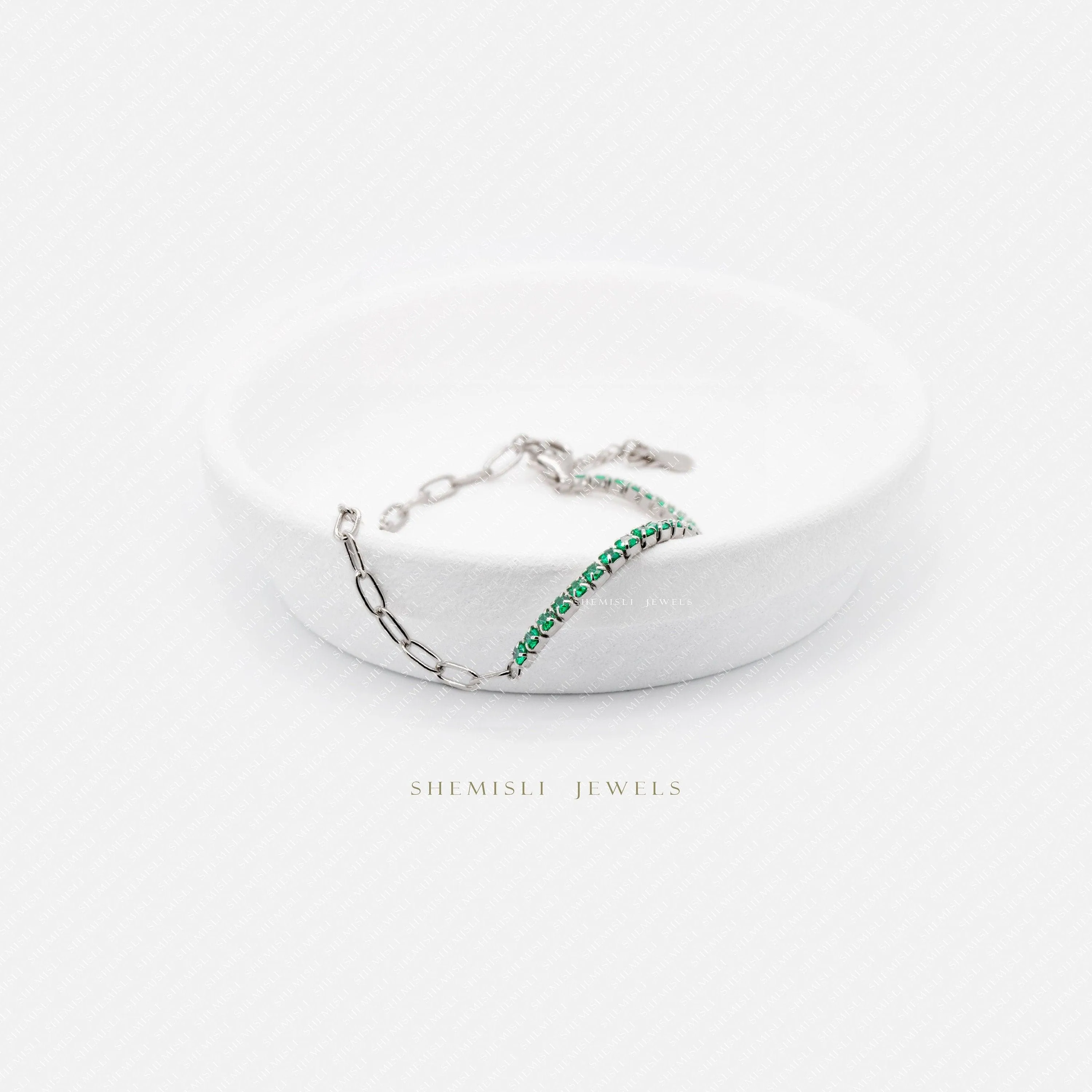 Tiny Paper Clip Chain and Emerald Gem Links Bracelet, Silver or Gold Plated (6.25"   1.25") SHEMISLI - SB006