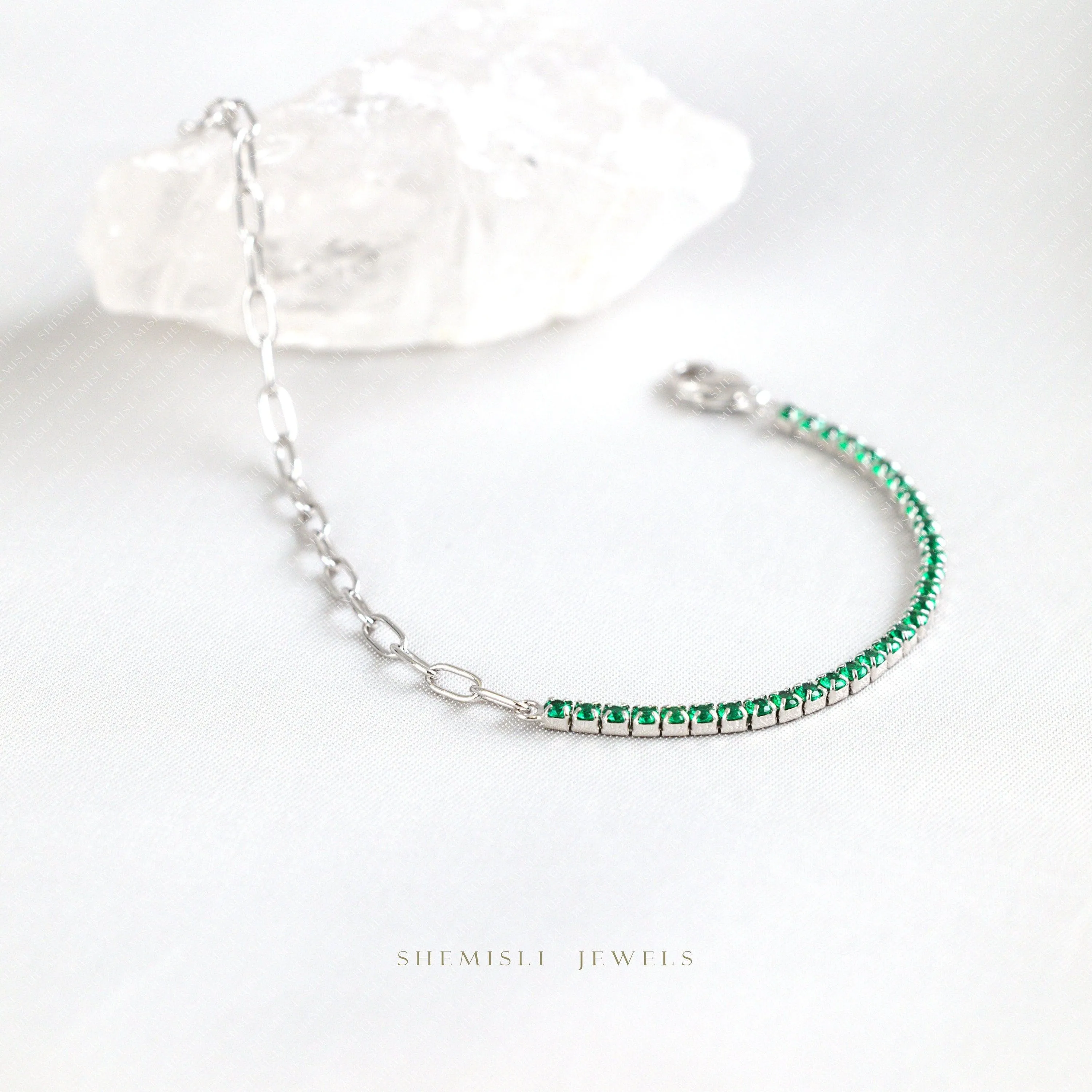 Tiny Paper Clip Chain and Emerald Gem Links Bracelet, Silver or Gold Plated (6.25"   1.25") SHEMISLI - SB006