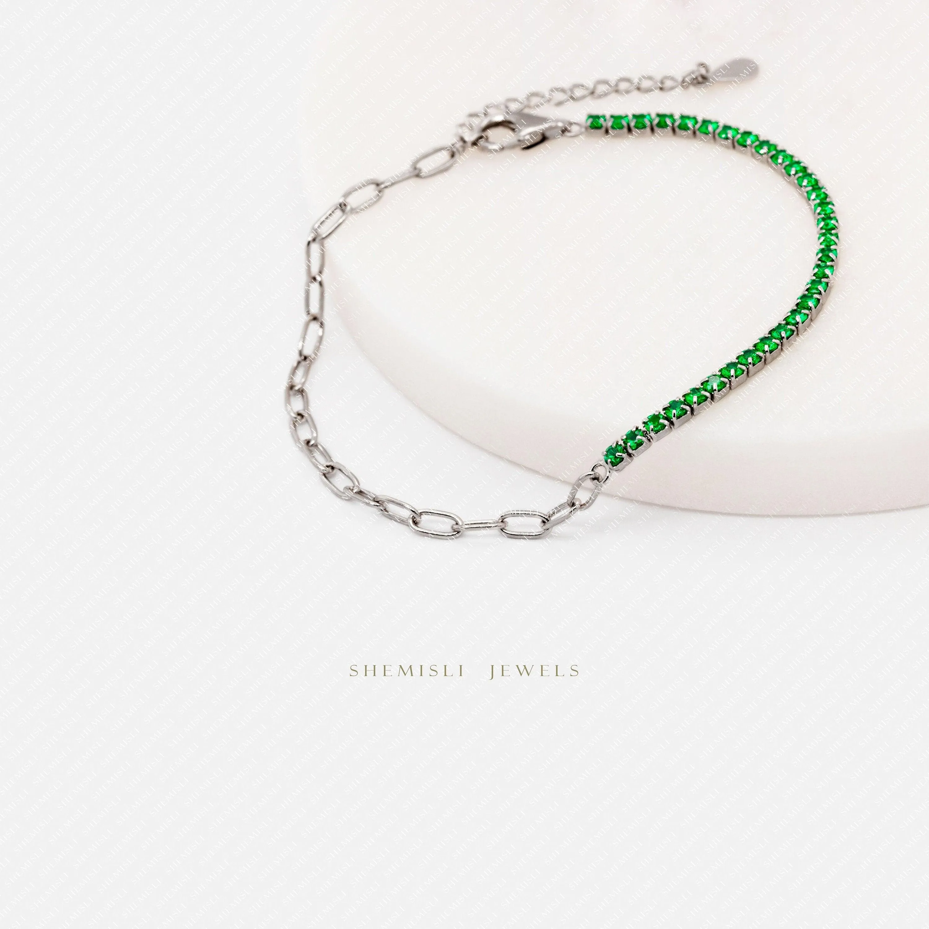 Tiny Paper Clip Chain and Emerald Gem Links Bracelet, Silver or Gold Plated (6.25"   1.25") SHEMISLI - SB006