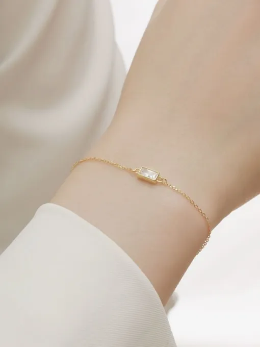 Tiny Rectangle Bracelet 925 Sterling Silver, 18K Gold Plated Zircon Minimalist Dainty Bracelet