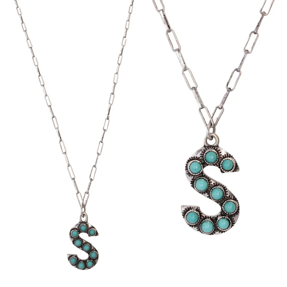 Turquoise Stone Initial "S" Pendant & Link Chain Necklace