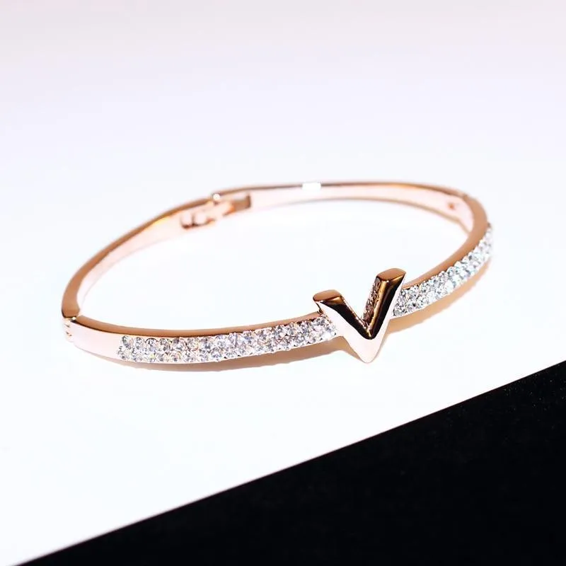 V Letter Design Best Zircon Rose Gold And White Simple Jewelry Bracelets & Bangle For Women And Girls