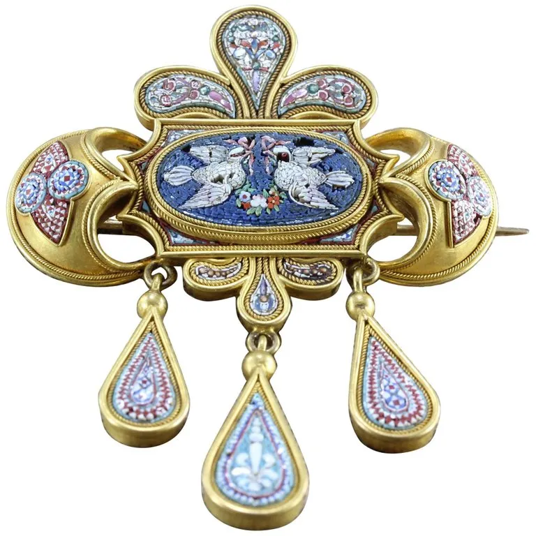 Victorian Italian Micro-Mosaic Gold Dove Brooch