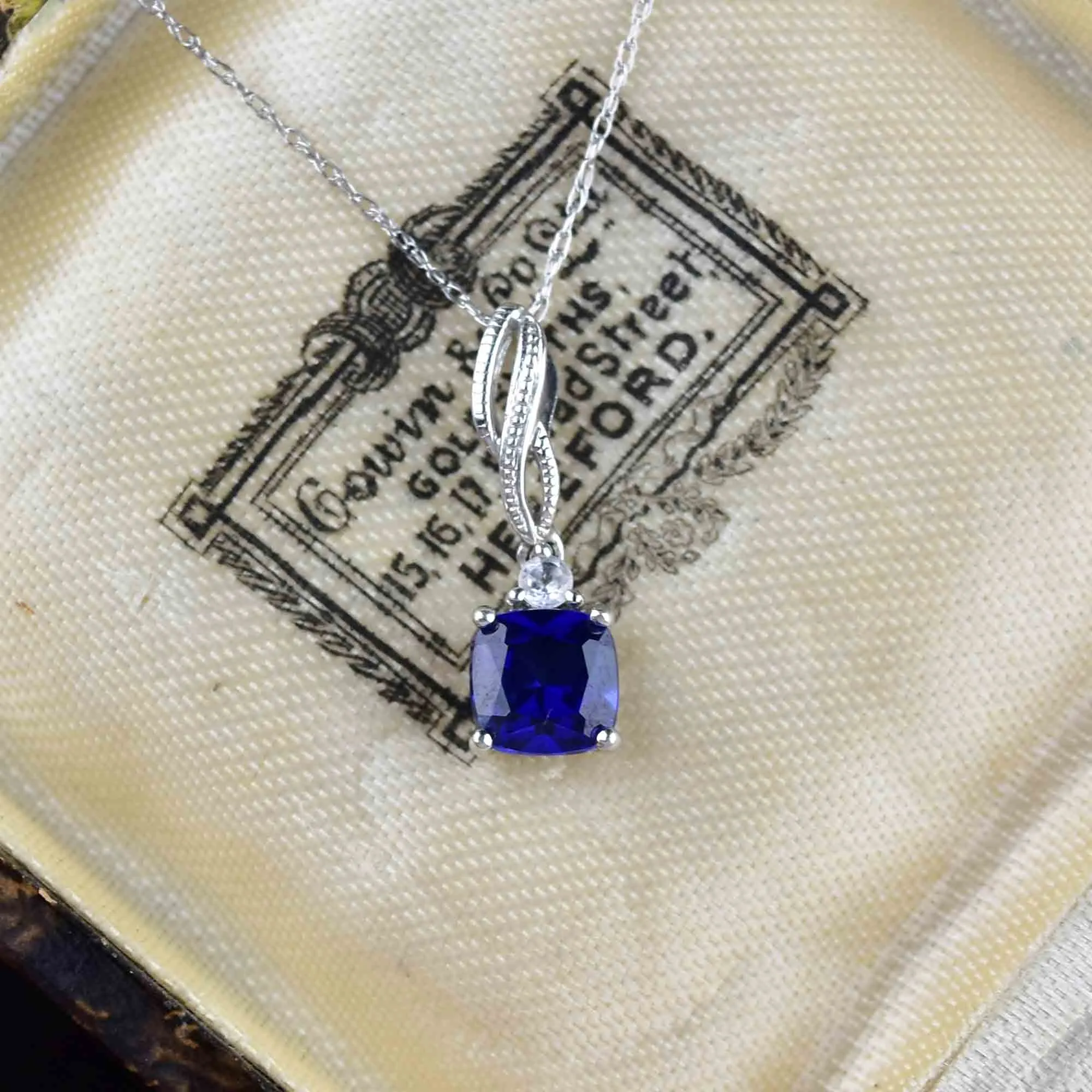 Vintage 14K White Gold Sapphire Topaz Pendant Necklace