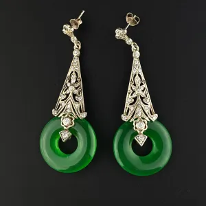 Vintage Art Deco Style Silver Filigree Jade Earrings