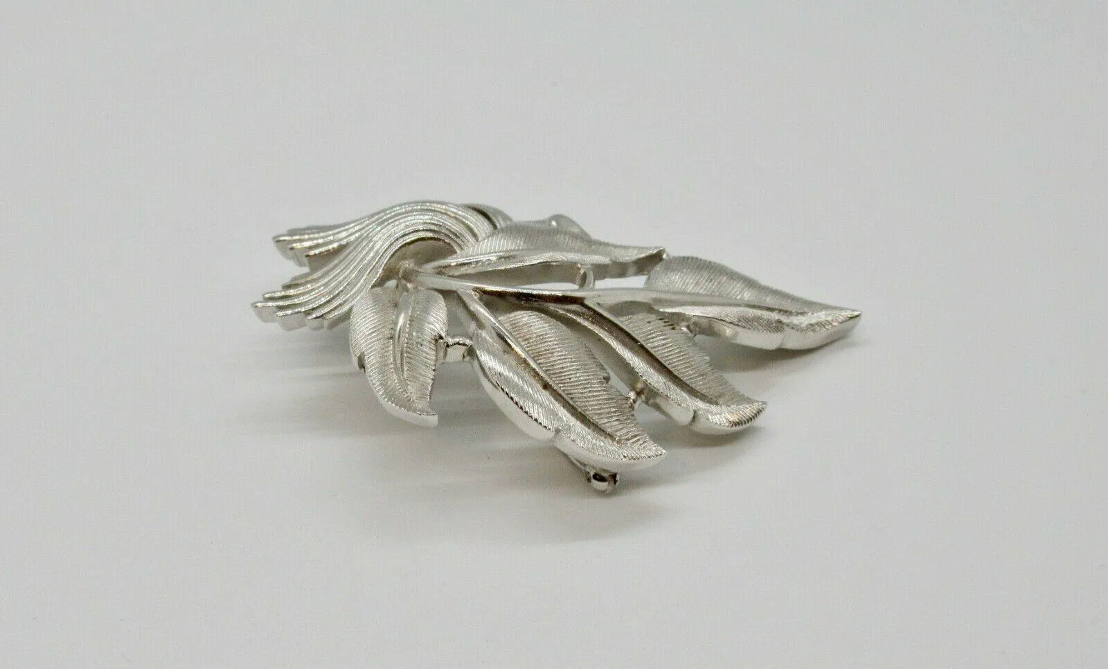 Vintage Crown Trifari Brushed Silvertone Leaf Brooch