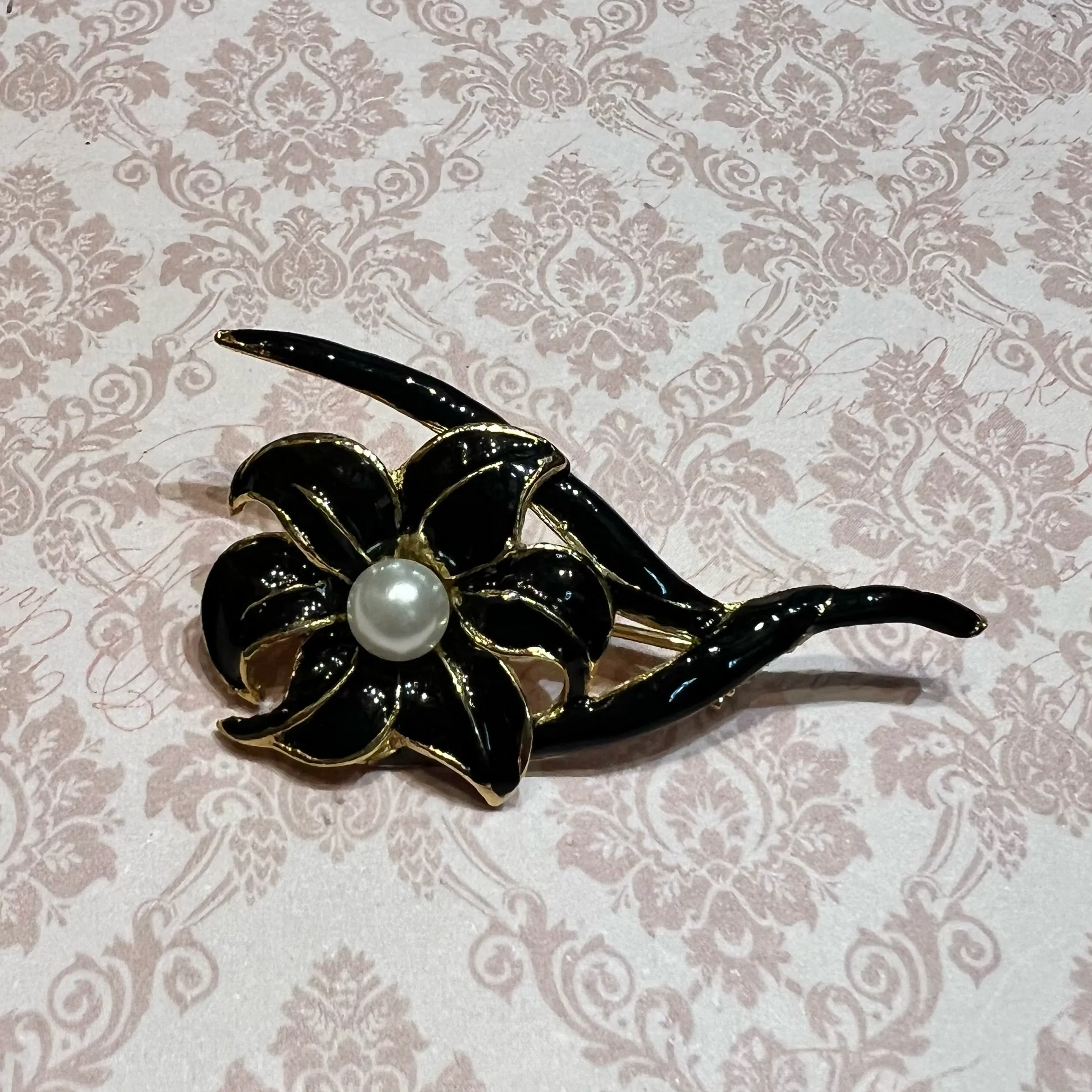 Vintage Flower Brooch Black Enamel Gold Plated