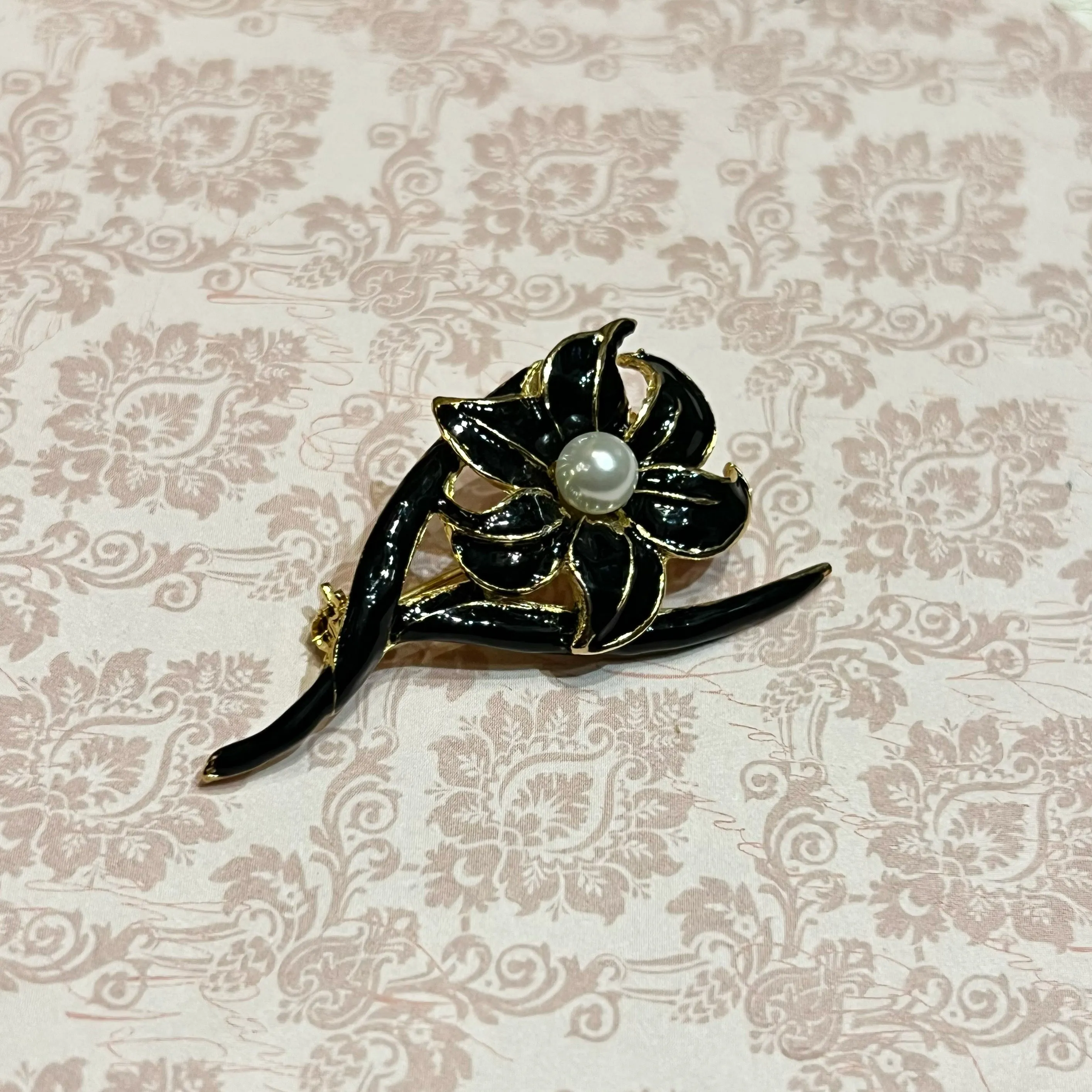 Vintage Flower Brooch Black Enamel Gold Plated