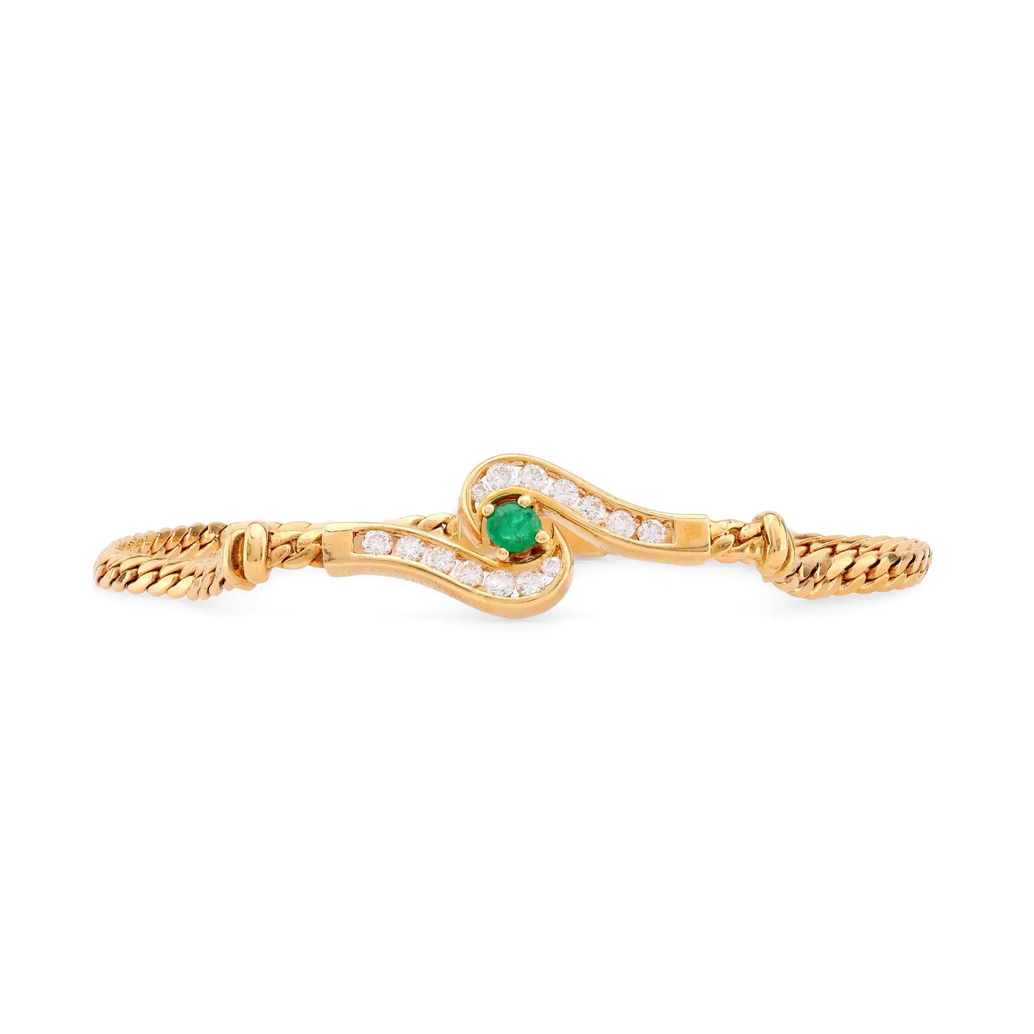 Vintage French Emerald Diamond 18K Yellow Gold Bracelet