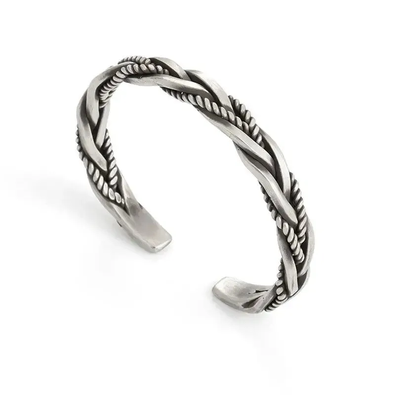 Vintage Men's Fashion Woven Twist Texture Bracelet Bangles for Women Men Thai Silver Statement Bracelet Punk Party Jewelry Gift