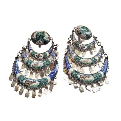 Vintage Middle Eastern Hand Painted Chandelier Earrings