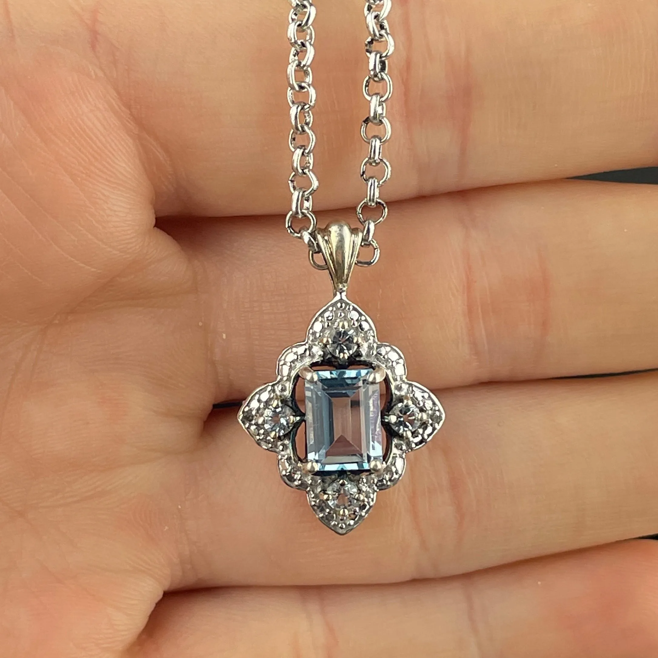 Vintage Sterling Silver Diamond Blue Topaz Pendant Necklace